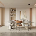 Modern Minimalist Dining Room With Round Table Orange Chair Shelves Artwork And Neutral Rug