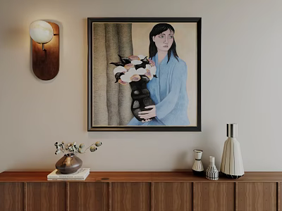 Framed Abstract Painting On Wall With Woman Holding Flower Vase And Wooden Cabinet Decorative Items 3d model