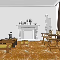 Classical Fireplace Living Room With Statue Two Chairs Coffee Table And Scenic Window View