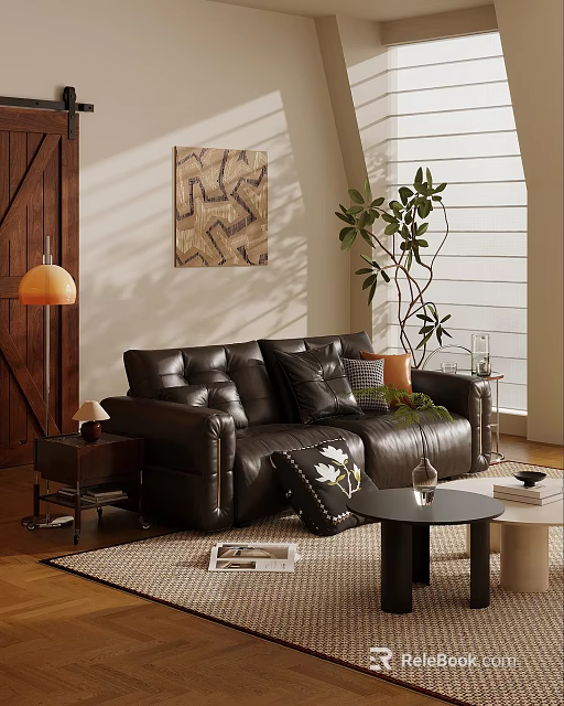 Modern Leather Sofa With Floor Lamp Green Plant And Coffee Table 3d model 