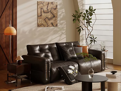 Modern Leather Sofa With Floor Lamp Green Plant And Coffee Table 3d model