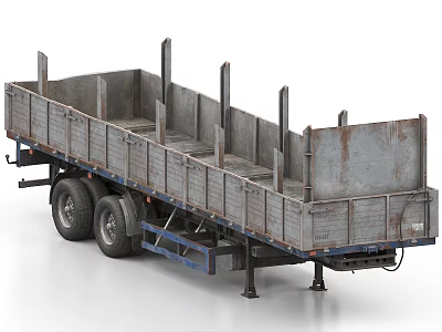 Flatbed Trailer With Rusted Metal Body Side Rails And Dual Wheels Design 3d model