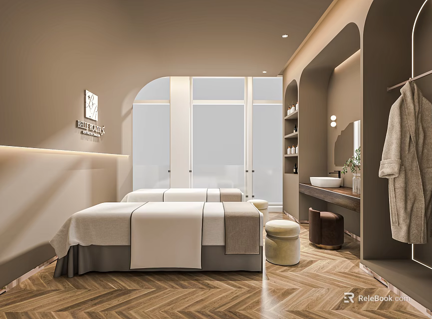 Relaxing SPA Sauna Interior Featuring Massage Bed Wooden Herringbone Floor Wall Mirror And Hanging Robe 3d model 