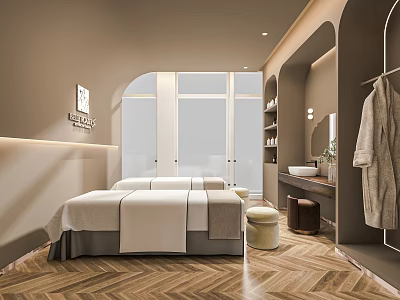 Relaxing SPA Sauna Interior Featuring Massage Bed Wooden Herringbone Floor Wall Mirror And Hanging Robe 3d model