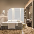 Relaxing SPA Sauna Interior Featuring Massage Bed Wooden Herringbone Floor Wall Mirror And Hanging Robe