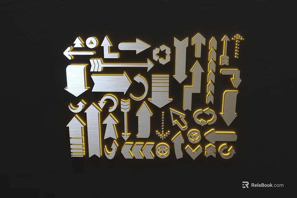 Golden Wall Decor With Various Arrows Symbols And Geometric Elements 3d model 