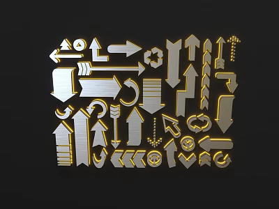Golden Wall Decor With Various Arrows Symbols And Geometric Elements 3d model