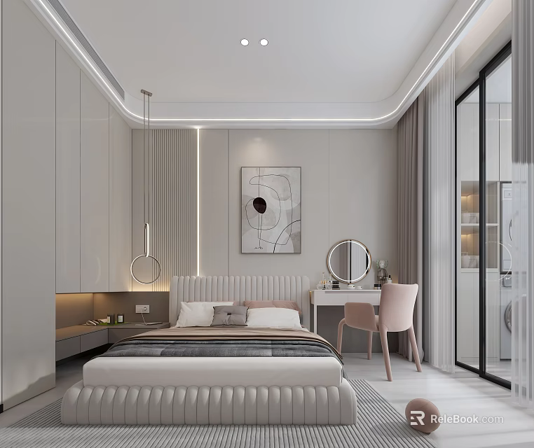 Elegant Modern Kids Room Interior With Soft Bed Wardrobe Desk And Chair 3d model 