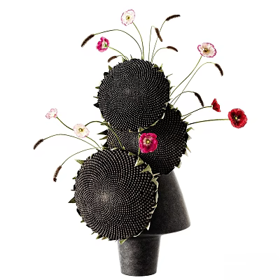 Decorative Ornament Arrangement With Black Sunflower Discs Pink Red Flowers And Black Vase 3d model