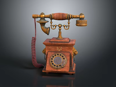 Vintage Telephone With Wooden Base Brass Accents Rotary Dial And Red Coiled Cord 3d model
