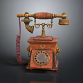 Vintage Telephone With Wooden Base Brass Accents Rotary Dial And Red Coiled Cord