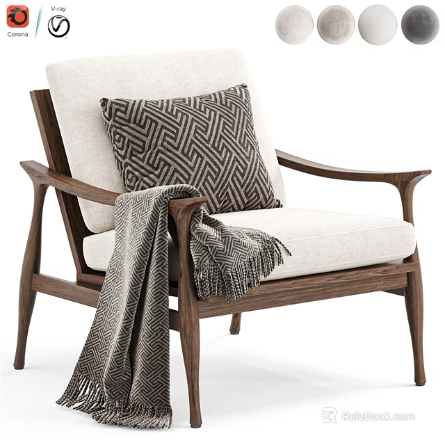 Modern Leisure Chair with Walnut Wood Frame Light Fabric Cushion Geometric Pillow and Gray Blanket 3d model 
