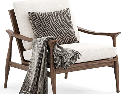 Modern Leisure Chair with Walnut Wood Frame Light Fabric Cushion Geometric Pillow and Gray Blanket 3d model