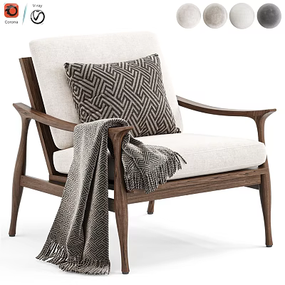Modern Leisure Chair with Walnut Wood Frame Light Fabric Cushion Geometric Pillow and Gray Blanket 3d model