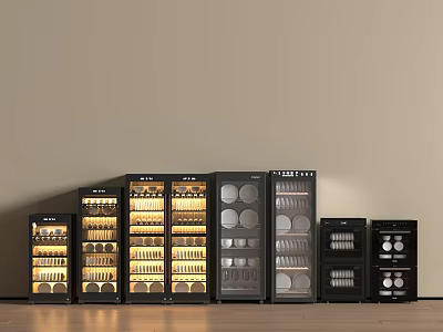 Stylish Black Kitchen Appliances With Various Sizes Interior Lighting For Displaying Wine Bottles And Glasses 3d model