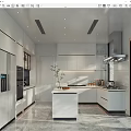 Modern Kitchen Interior With White Cabinets Central Island And Stainless Steel Appliances