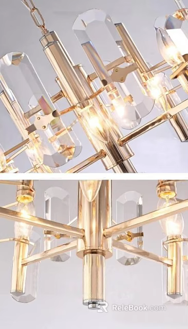 Modern Brass Chandelier With Transparent Glass Shades And Illuminated Bulbs 3d model 