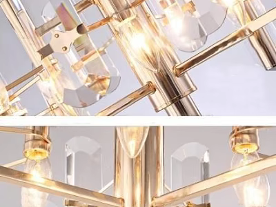 Modern Brass Chandelier With Transparent Glass Shades And Illuminated Bulbs 3d model