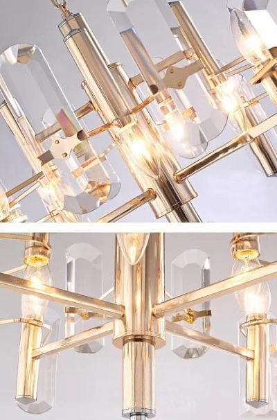 Modern Brass Chandelier With Transparent Glass Shades And Illuminated Bulbs 3d model