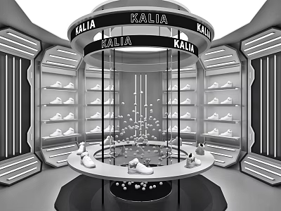 KALIA Shoe Store Featuring Circular Display Area With Shoes On Shelves And Central Platform 3d model