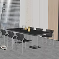 Modern Dining Table Set With Black Chairs Floor Lamp Window Blinds And Bookshelf
