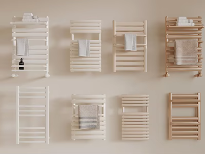 Different Styles Of Towel Radiators On Beige Wall With Towels 3d model