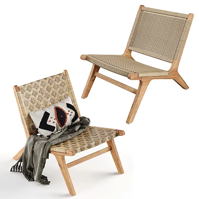 Natural Wooden Frame Leisure Chairs With Woven Seat And Geometric Pillow Throw Blanket 3d model