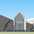 Modern Sales Office Building With Geometric Roof Water Feature And Wooden Walkway