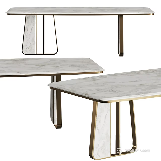 Elegant Modern Dining Table With Marble Tabletop And Golden Metal Legs 3d model 