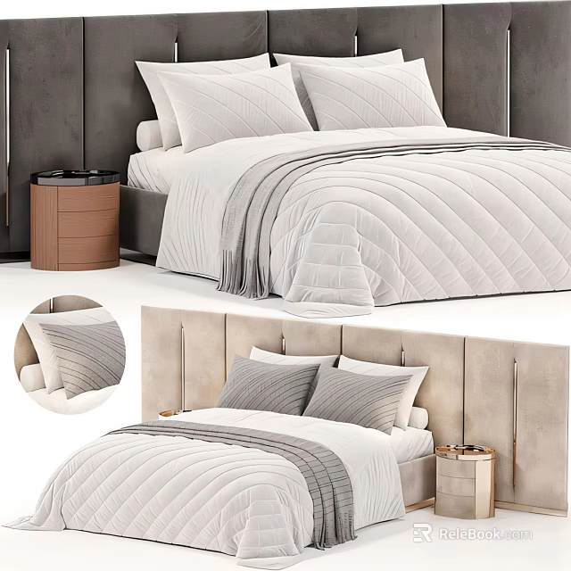 Modern Double Bed With Quilted White Bedspread And Gray Pillows Beige Headboard And Wooden Nightstand 3d model 