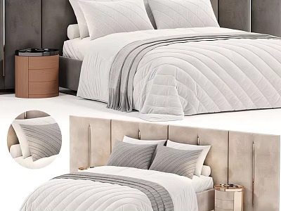 Modern Double Bed With Quilted White Bedspread And Gray Pillows Beige Headboard And Wooden Nightstand 3d model