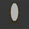 Oval Floor Mirror With Golden Decorative Metal Stand And Portable Wheels For Home Living