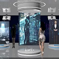 Technology Exhibition Hall Showcasing AI Digital Human With Interactive Podiums And Visitors Viewing Digital Projections