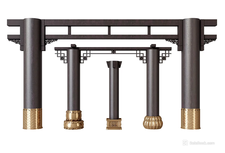 Traditional Style Decorative Pillars With Ornate Carvings And Brass Bases 3d model 
