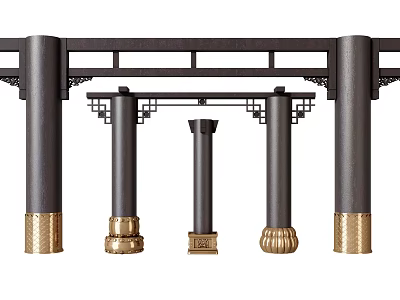 Traditional Style Decorative Pillars With Ornate Carvings And Brass Bases 3d model