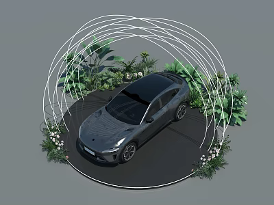 Car Showroom Setup Featuring Black Car Green Plants And White Circular Structure 3d model