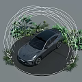 Car Showroom Setup Featuring Black Car Green Plants And White Circular Structure