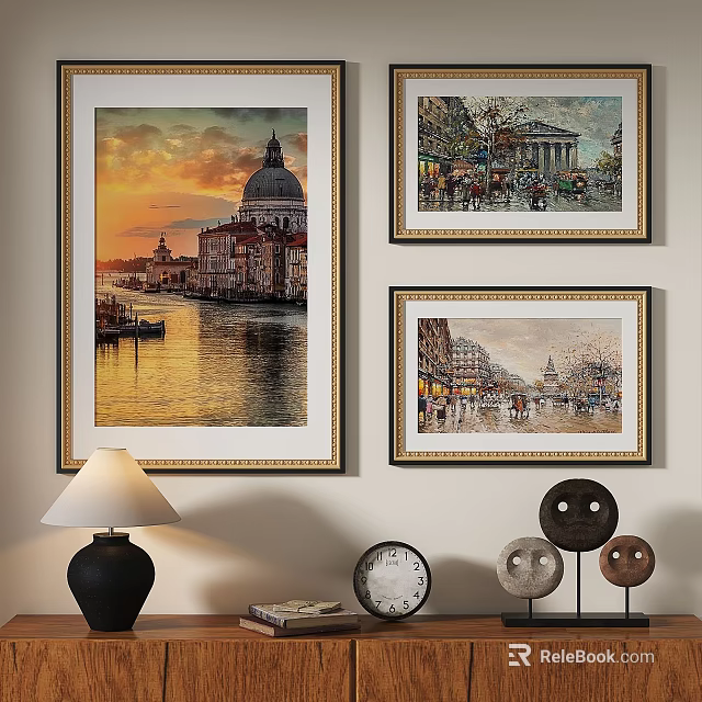 Oil Paintings Featuring Venice Canal Architecture Crowded Square Street Scenes In Golden Frames 3d model 