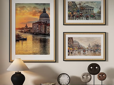 Oil Paintings Featuring Venice Canal Architecture Crowded Square Street Scenes In Golden Frames 3d model