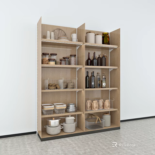 Wooden Display Shelf With Multi Tiered Design For Jars Bottles Bowls And Storage Baskets 3d model 