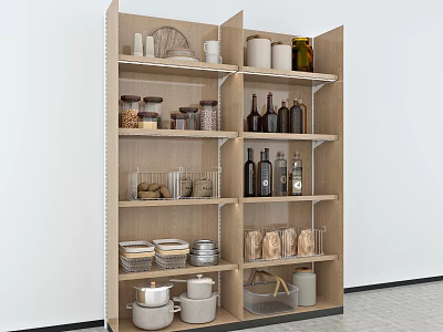 Wooden Display Shelf With Multi Tiered Design For Jars Bottles Bowls And Storage Baskets 3d model