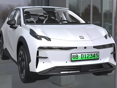 White Electric Car With Modern Design And Green License Plate 3d model