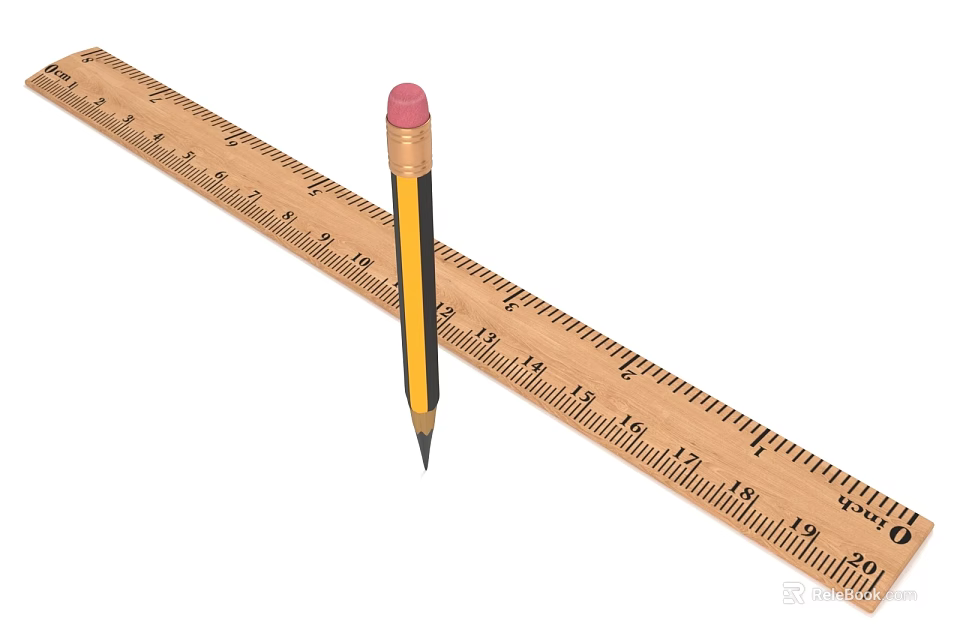 Yellow Pencil with Pink Eraser Crossed Over Wooden Ruler for Writing 3d model 