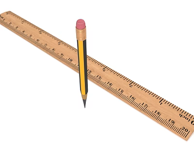 Yellow Pencil with Pink Eraser Crossed Over Wooden Ruler for Writing 3d model