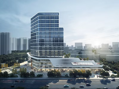 Modern High Rise Office Building Exterior With Glass Curtain Wall And Urban Landscape 3d model