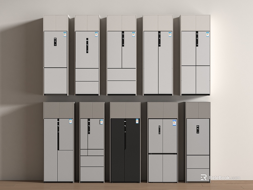 Upright Refrigerators and Freezers in Various Styles White and Black Neatly Arranged Against the Wall 3d model 