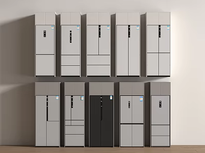 Upright Refrigerators and Freezers in Various Styles White and Black Neatly Arranged Against the Wall 3d model