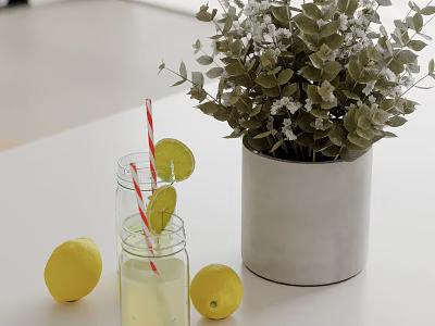 Fresh Lemon Drinks in Glass Jars with Straws Lemon Slices Green Plants in Gray Pot 3d model