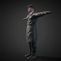 Man In Black Leather Coat With Hat And Arms Outstretched Against Dark Background 3d model