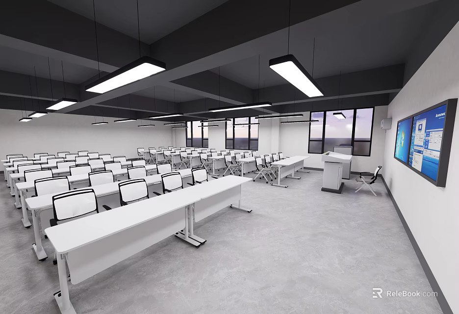 Modern School Classroom With Neatly Arranged White Desks Black Ceiling Beams Hanging Lights And Windows 3d model 